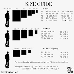 May include: Size guide for framed prints, showing A sizes, 3:4 ratio, and 1:1 ratio options. Includes measurements in inches and centimeters, with examples for print sizes like 30x40 inches and A2 size prints.