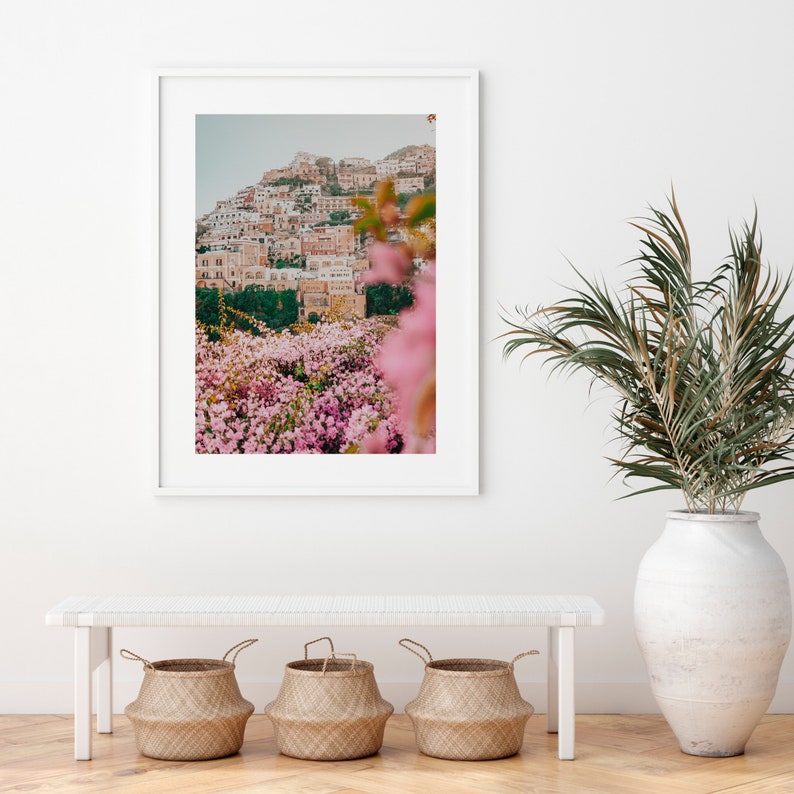 Amalfi Italy Framed Print , Positano Wall Art , Italian Coast Photography , Pink Flowers Print , Room Decor 6x8 12x16 18x24 Inch Frame image 2