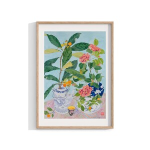 Chinoiserie Watercolour Framed Print , Flower Wall Art , Floral Painting , Flowers Still Life , Fruit Plant Wall Decor , Chinese Ceramics