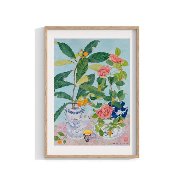 Chinoiserie Watercolour Framed Print , Flower Wall Art , Floral Painting , Flowers Still Life , Fruit Plant Wall Decor , Chinese Ceramics