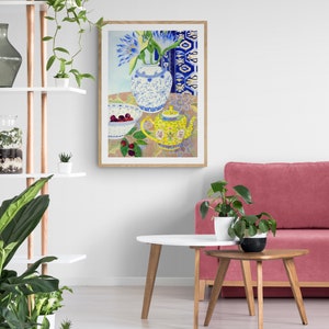 Chinoiserie Watercolour Framed Print, Wall Art, Blue Painting , Flowers Still Life, Waterlillies , Botanical Art 12x16 18x24 24x32 inch image 3