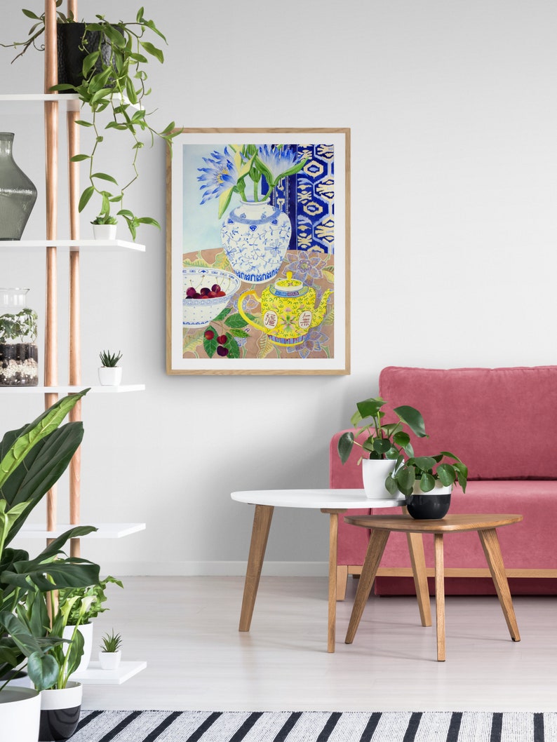 Chinoiserie Watercolour Framed Print, Wall Art, Blue Painting , Flowers Still Life, Waterlillies , Botanical Art 12x16 18x24 24x32 inch image 3