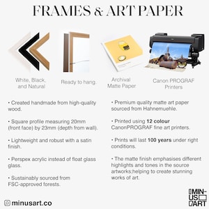 May include: Image showcasing art supplies: white, black, and natural frames; archival matte paper; and Canon PROGRAF printers. The frames are handmade from wood, with a square profile of 20mm by 23mm. The paper is premium quality, and the prints last 100 years.