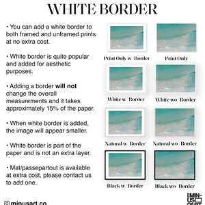May include: Image showcasing art prints with and without white borders. The prints feature a teal and white abstract design. Text explains the option of adding a white border to framed and unframed prints, and the availability of a mat/passepartout.