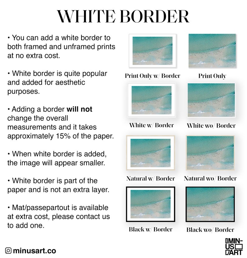 May include: Image showcasing art prints with and without white borders. The prints feature a teal and white abstract design. Text explains the option of adding a white border to framed and unframed prints, and the availability of a mat/passepartout.