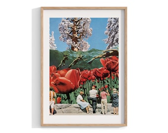 Red Tulips Collage Print, Retro 60s 70s Style, Framed Wall Art