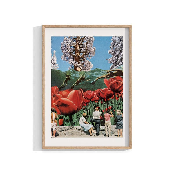 Red Tulips Collage Print, Retro 60s 70s Style, Framed Wall Art