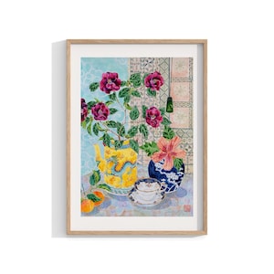 Chinoiserie Watercolour Framed Print,  Wall Art, Floral Painting , Flowers Still Life, Pasifika Plant Wall Decor ,  12x16 18x24 24x32 inch