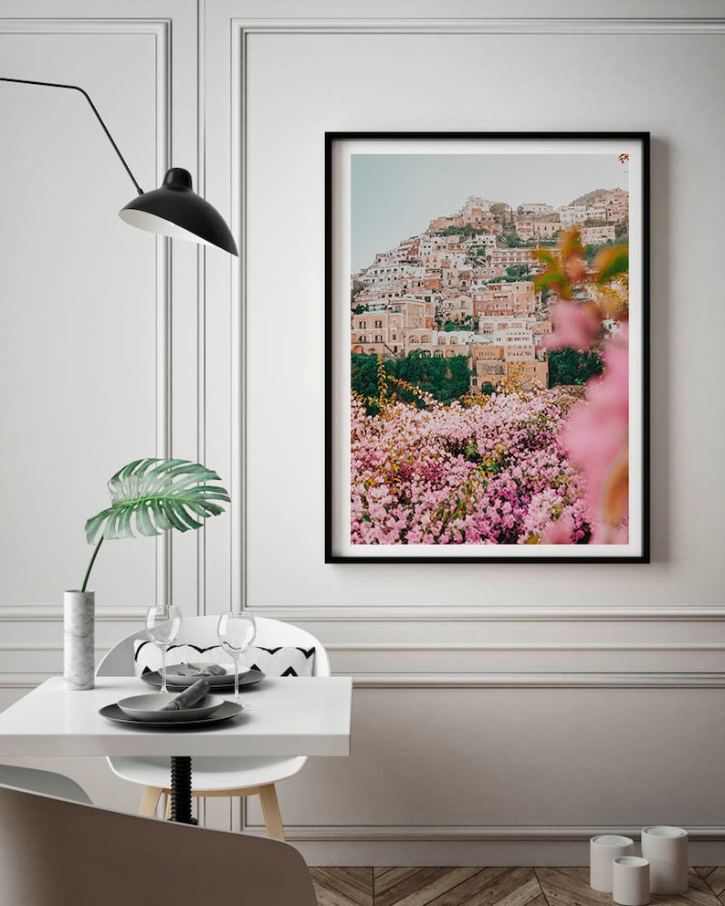 Amalfi Italy Framed Print , Positano Wall Art , Italian Coast Photography , Pink Flowers Print , Room Decor 6x8 12x16 18x24 Inch Frame image 3