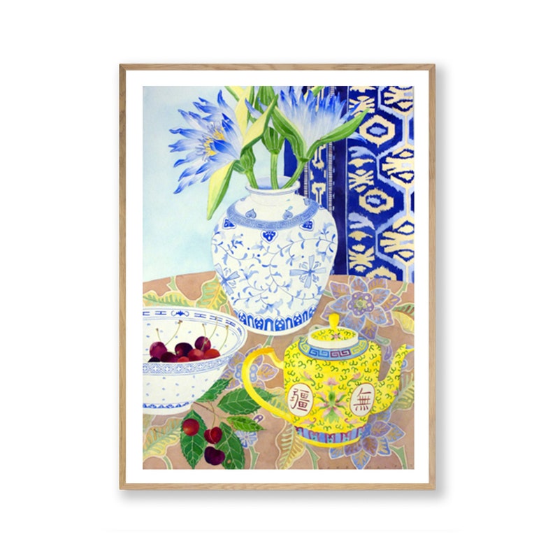 Chinoiserie Watercolour Framed Print, Wall Art, Blue Painting , Flowers Still Life, Waterlillies , Botanical Art 12x16 18x24 24x32 inch image 5