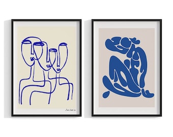 Matisse Style Blue Figure Prints, Skandinavische moderne Wandkunst, 2er-Set