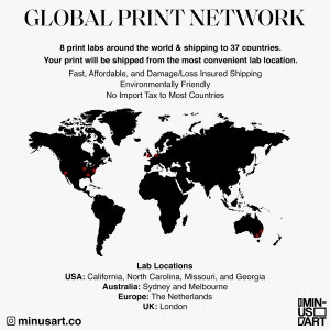 May include: A world map in black and white with red dots indicating lab locations. Text at the top reads "GLOBAL PRINT NETWORK". Additional text lists lab locations in the USA, Australia, Europe, and the UK. The image also includes the text "minusart.co".