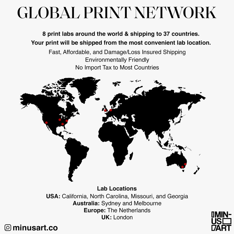 May include: A world map in black and white with red dots indicating lab locations. Text at the top reads "GLOBAL PRINT NETWORK". Additional text lists lab locations in the USA, Australia, Europe, and the UK. The image also includes the text "minusart.co".