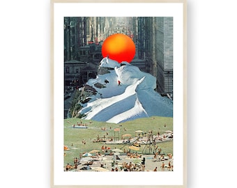 May include: A surreal collage featuring a large orange sun rising over a snow-covered mountain in a city setting. People are enjoying a beach scene in the foreground.
