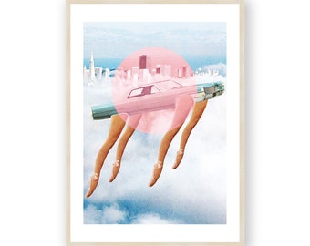 Surreal Wolken Kunstdruck, Retro, 1960er Jahre Vintage Wandkunst, Surreal Kunstdruck, Auto Kunstdruck, Wohnzimmer Dekor, Rosa Schlafzimmer Dekor