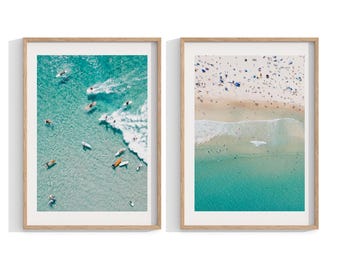 Bondi Beach Prints, gerahmte Luftaufnahme des Ozeans, 2er Set