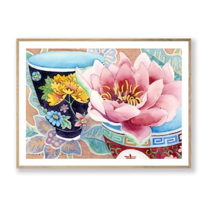 Chinoiserie Watercolour   Framed Print,  Wall Art, Painting , Flowers Still Life, Waterlily , Chinese Ceramics ,   12x16 18x24 24x32 inch