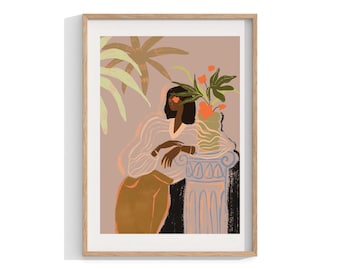 Boho Woman Art Print, Waiting Pensive Decor, Framed Wall Art
