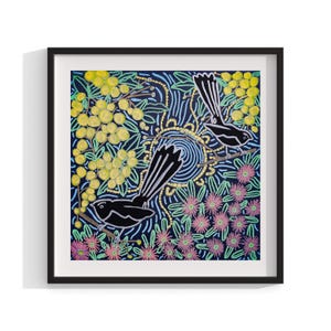 Aboriginal Framed Print , Birds and Flowers Wall Art , Contemporary Wall Decor , Painting Living Room Decor , Indigenous Australian Art