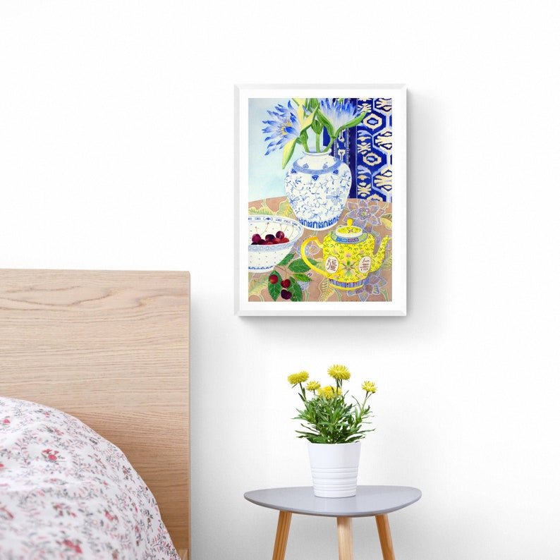Chinoiserie Watercolour Framed Print, Wall Art, Blue Painting , Flowers Still Life, Waterlillies , Botanical Art 12x16 18x24 24x32 inch image 4