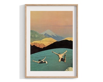 Collage Art , Vintage Print , Retro Style , Swimmers Framed Print , 70s Wall Art , 60s Poster , Surreal Collage , Wall Decor