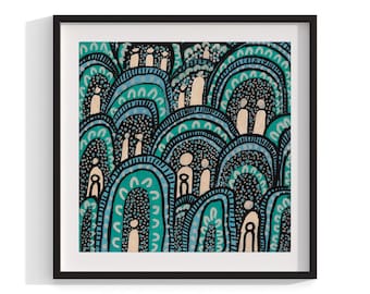 May include: Abstract painting with a teal, blue, and black color scheme. The painting features a series of rounded shapes that resemble hills or mountains. The shapes are filled with small white dots and outlined in black.