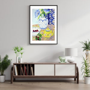 Chinoiserie Watercolour Framed Print, Wall Art, Blue Painting , Flowers Still Life, Waterlillies , Botanical Art 12x16 18x24 24x32 inch image 2