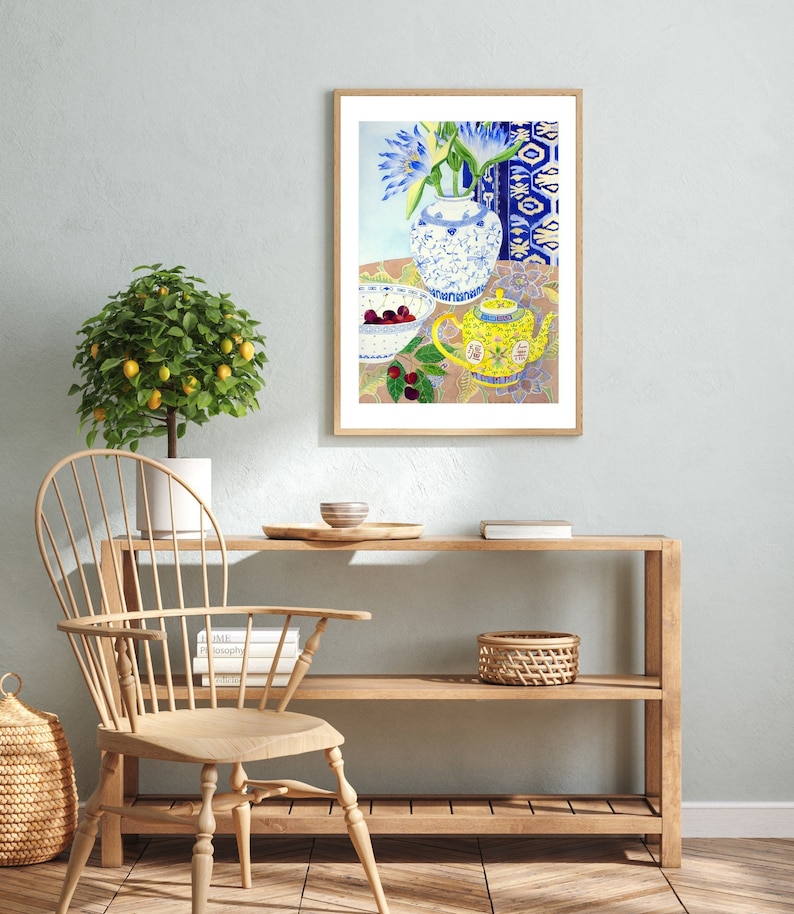 Chinoiserie Watercolour Framed Print, Wall Art, Blue Painting , Flowers Still Life, Waterlillies , Botanical Art 12x16 18x24 24x32 inch image 1