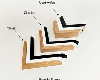 May include: Close-up of three wooden picture frame corners in different styles: Classic, Classic+, and Shadow Box. Each corner features a natural wood grain finish, with black and white accents. The text reads "Beautiful Frames Handcrafted in Sydney".