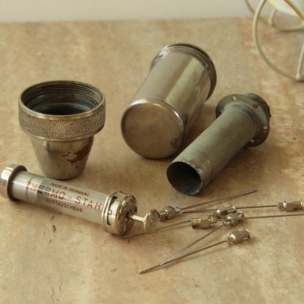 Esterilizador médico vintage, jeringa de vidrio, contenedor médico, herramientas médicas retro, instrumento médico, juego completo