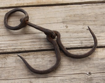 Antique Wrought Hook, Hand Forged Hook, Iron Double Hook, Old Wrought Iron Hook
