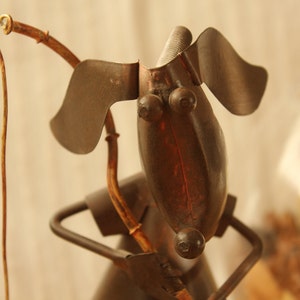 Metal Figure, Small Metal Sculpture, Fisherman Dog Figure, Vintage Sculpture