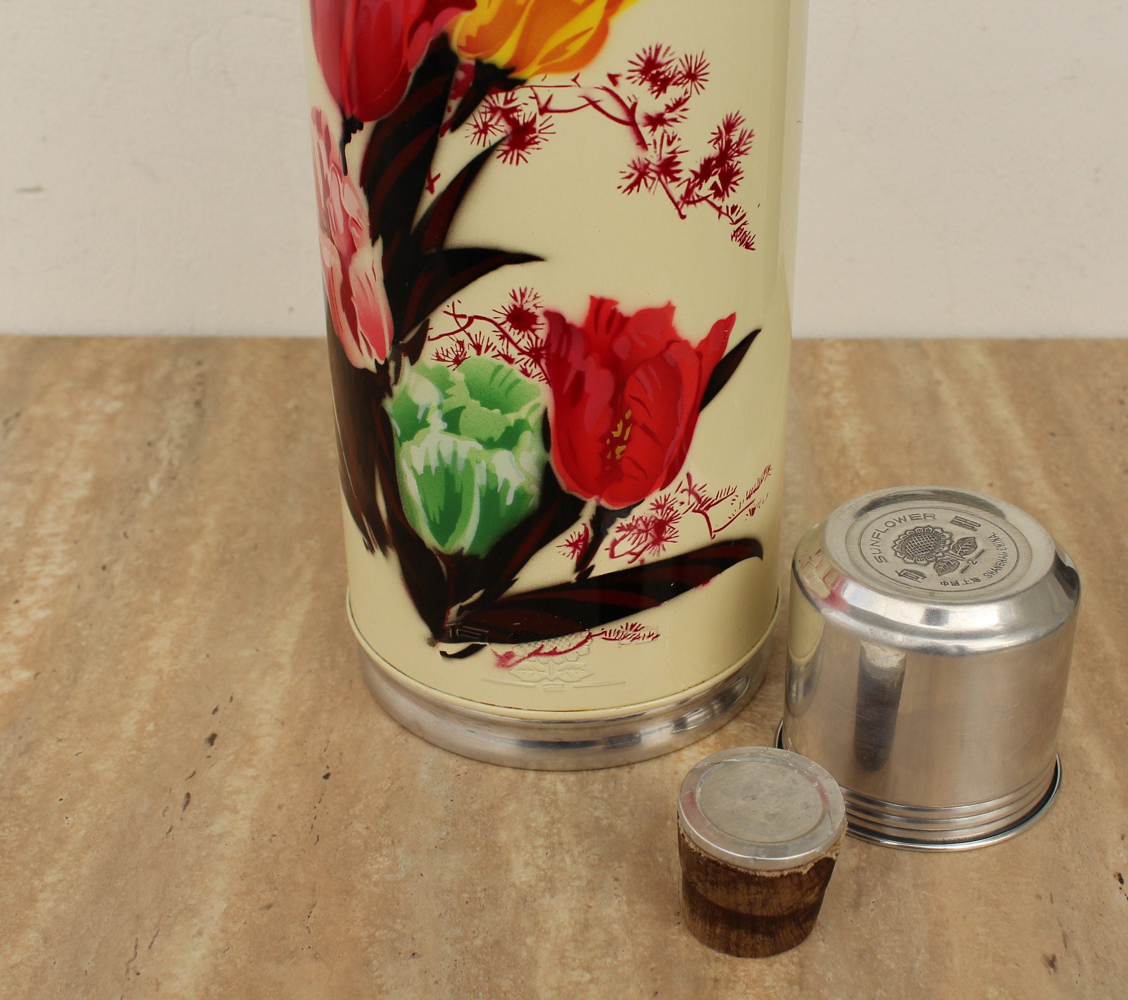 Vintage Thermos Chinese Thermos With Flowers Aluminum Etsy