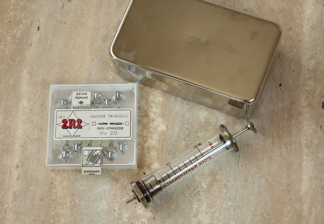 Vintage Medical Sterilizer With Syringe, Glass Syringe, Medical Tool