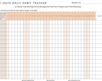 31-Days Daily Habit Tracker (1 Reuseable Digital Printable PDF Page and An Editable Canvas Template Link)
