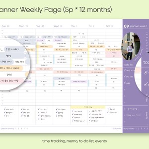 May include: A weekly planner page with a purple and pink color scheme. The page is divided into seven columns for each day of the week, with a section for a to-do list and a section for events. The planner includes a section for time tracking, a to-do list, and events. The planner is labeled "Planner Weekly Page (5p * 12 months)".