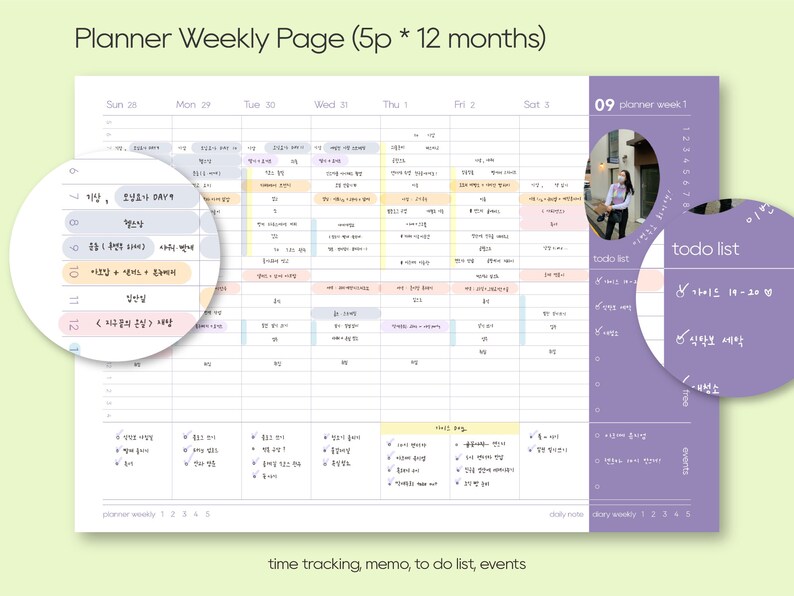 May include: A weekly planner page with a purple and pink color scheme. The page is divided into seven columns for each day of the week, with a section for a to-do list and a section for events. The planner includes a section for time tracking, a to-do list, and events. The planner is labeled "Planner Weekly Page (5p * 12 months)".