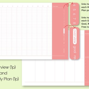 May include: A pink and white planner with a gridded monthly calendar and a section for goals, reviews, and notes. The planner has tabs that link to different sections.