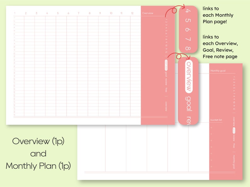 May include: A pink and white planner with a gridded monthly calendar and a section for goals, reviews, and notes. The planner has tabs that link to different sections.