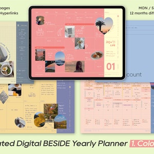 May include: Digital yearly planner with 153 pages and hyperlinks. The planner features a pink and yellow color scheme with various images and text. The text includes "MON / SUN ver." and "12 months different colors."