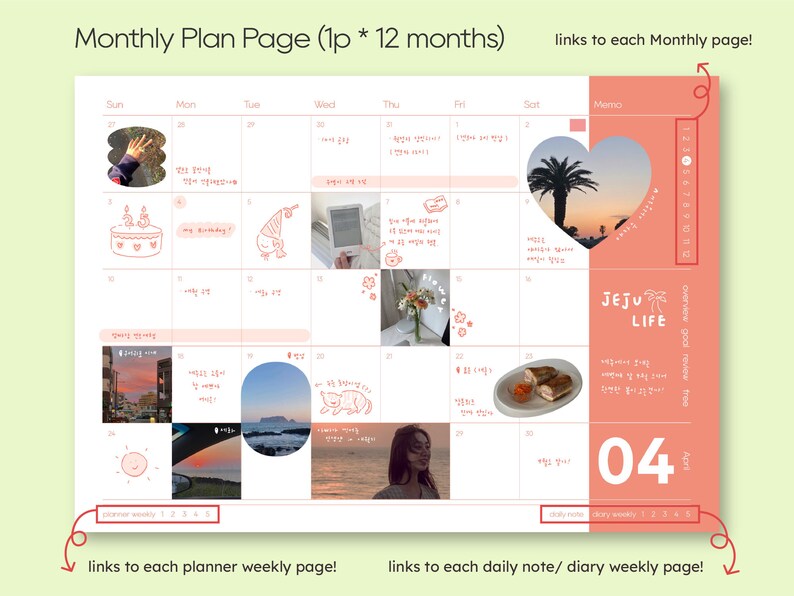 May include: A pink and white monthly planner page with a calendar grid for April. The page includes a heart-shaped photo of a sunset over a beach with palm trees. The text "JEJU LIFE" is written in a pink and white font. The page also includes links to each monthly, weekly, and daily planner page.
