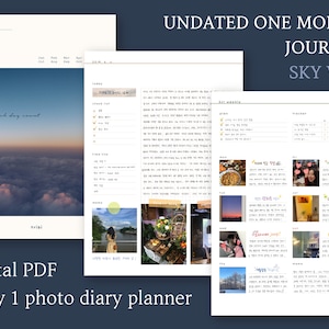 May include: A digital planner with a sky theme. The cover features a photo of clouds with the text "To make each day count". The planner includes a calendar, a weekly spread, and space for photos. The text "UNDATED ONE MONTH JOURNAL SKY VER." is at the top of the page.