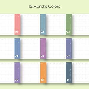 May include: Twelve monthly calendar pages with a color-coded stripe down the side of each page. The colors are pink, blue, green, orange, purple, teal, light blue, dark green, lavender, yellow, dark blue, and dark green.