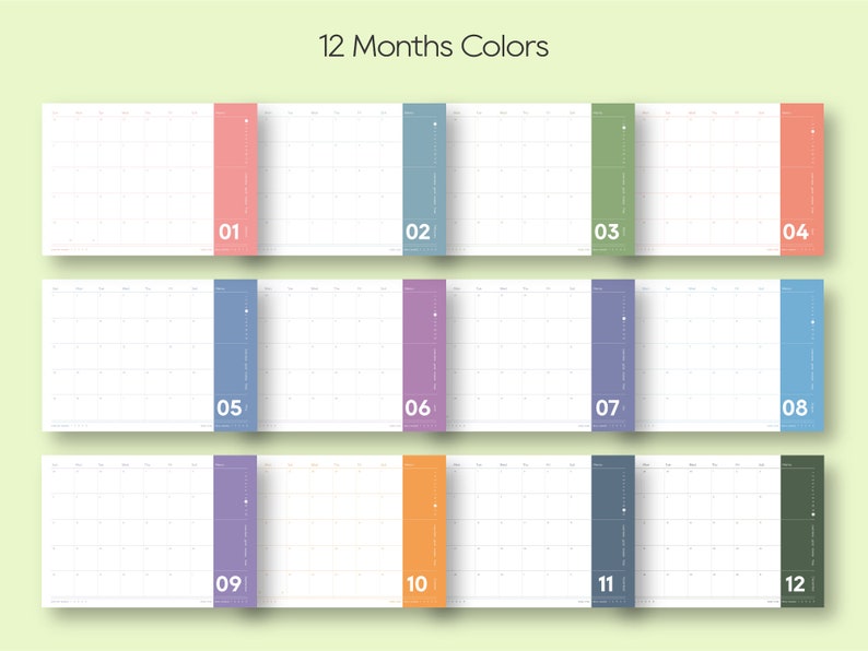 May include: Twelve monthly calendar pages with a color-coded stripe down the side of each page. The colors are pink, blue, green, orange, purple, teal, light blue, dark green, lavender, yellow, dark blue, and dark green.