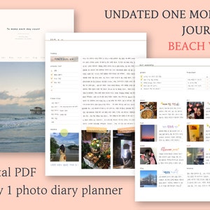 May include: Undated one-month journal with a beach theme. The cover features a photo of a beach with a pier and a cloudy sky. The journal includes a daily photo diary planner, a weekly spread, and a monthly calendar.