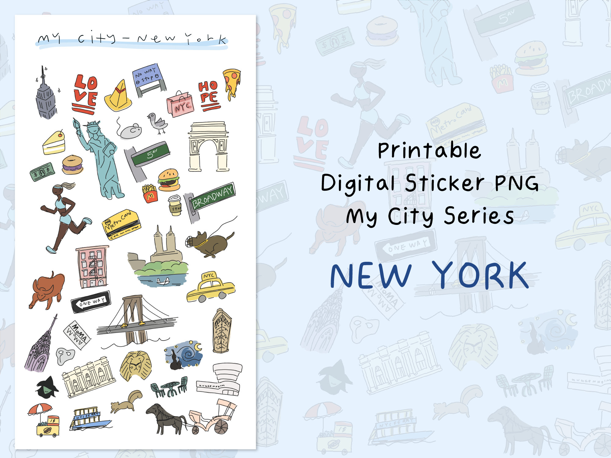 Printable Digital Stickers PNG - my city series New York / Transparent PNG / ipad goodnotes tablet digital stickers