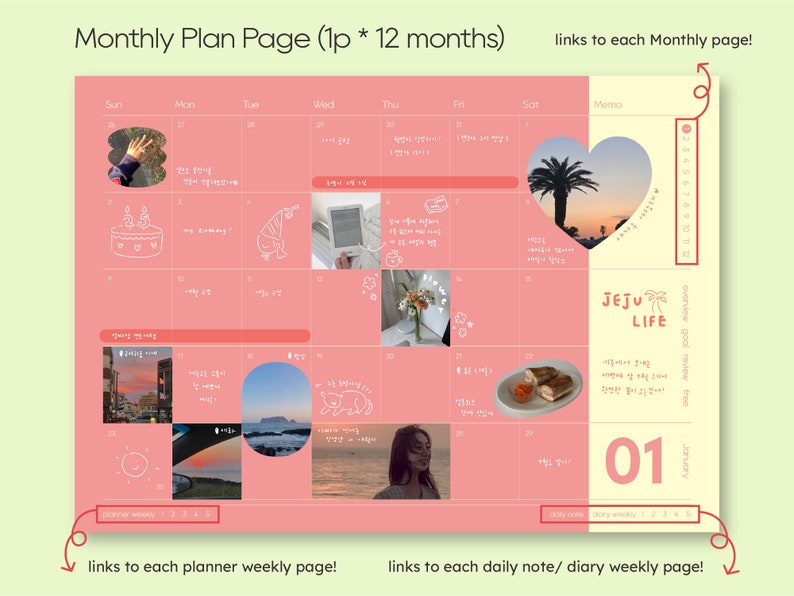 以下が含まれることがあります： 「Monthly Plan Page」と「JEJU LIFE」の文字が入ったピンク色の月間プランナーページ。プランナーには、月間、週間、日間のページへのリンクが含まれています。イラストや写真が特徴で、1月がハイライトされています。