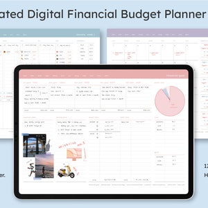 May include: A digital financial budget planner PDF with 12 months, hyperlinks, and four color options. The planner includes a monthly calendar, a financial goal tracker, and a spending log.