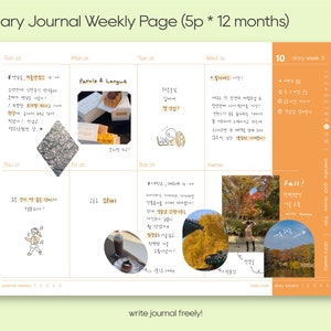 May include: A weekly planner page with a light orange background. The page is divided into seven sections for each day of the week, with a space for notes and a section for a daily overview. The page includes handwritten notes, drawings, and photos. The text "Fall!" is written in black ink with a red heart above it. The text "Write journal freely!" is written in black ink at the bottom of the page.