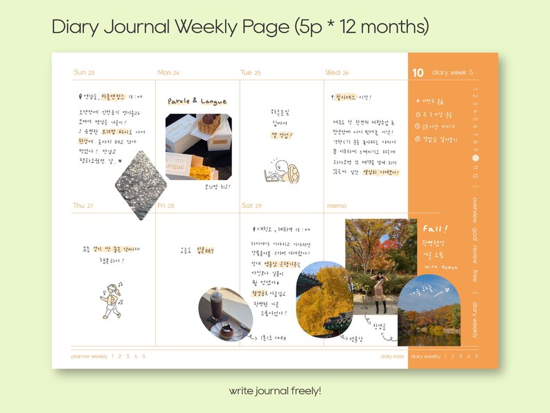 May include: A weekly planner page with a light orange background. The page is divided into seven sections for each day of the week, with a space for notes and a section for a daily overview. The page includes handwritten notes, drawings, and photos. The text "Fall!" is written in black ink with a red heart above it. The text "Write journal freely!" is written in black ink at the bottom of the page.